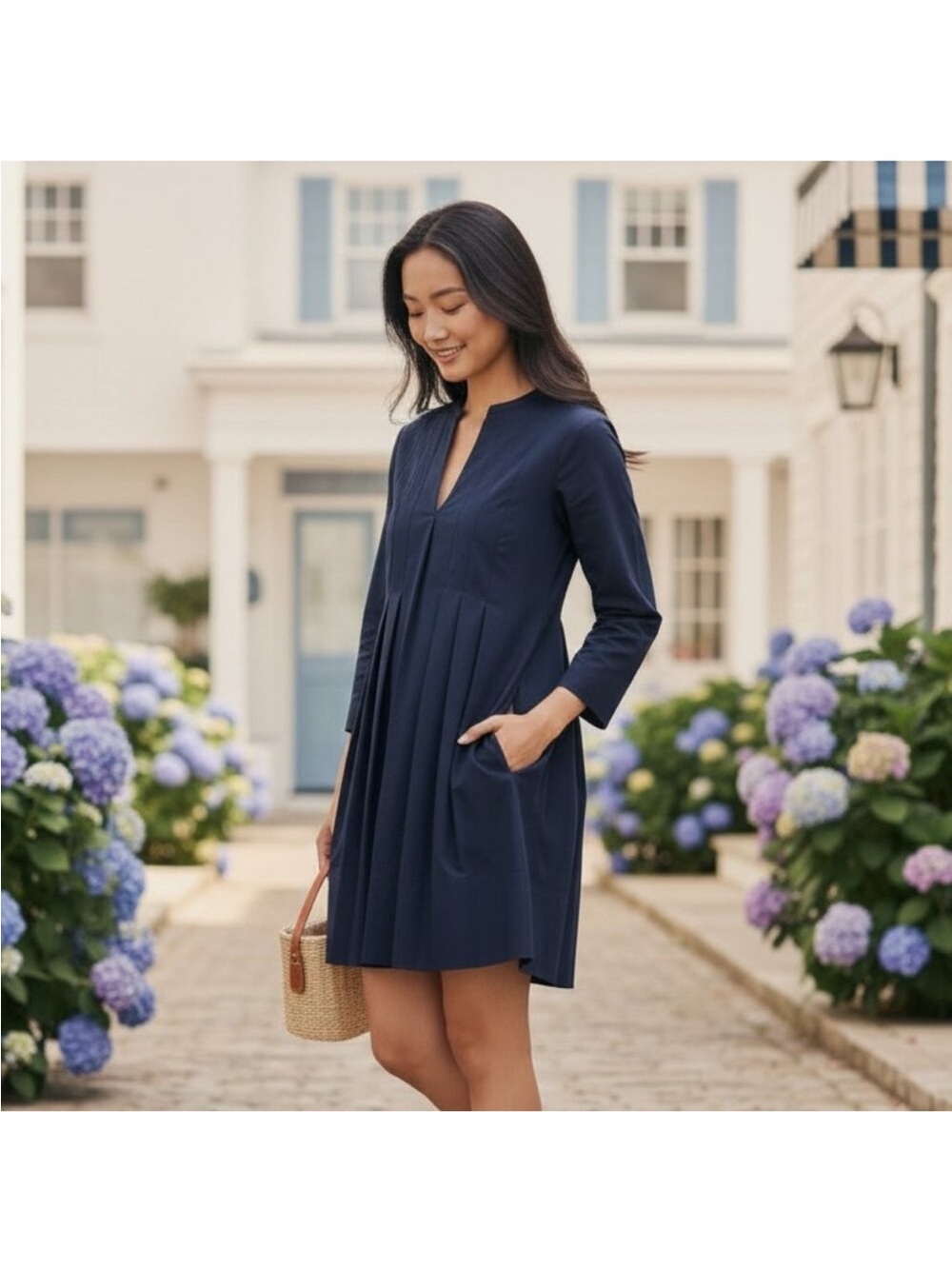 Tuckernuck Luella Dress Navy Pleated A Line Mini XS Long Sleeves